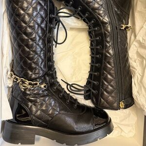 Chanel calfskin patent chain lace up boots